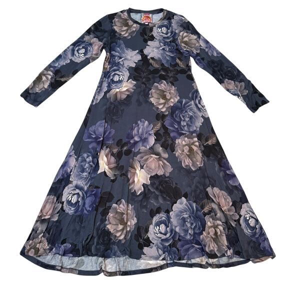 Johnny Was Grey Peony Long Sleeve Tee Dress Blue Gray Floral Print - Size Large - Picture 1 of 10
